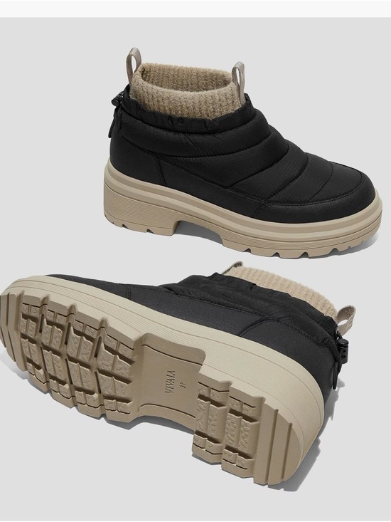 Quilted Black Winter Ankle Boots with Tan Platform Sole - Picture 5 of 8